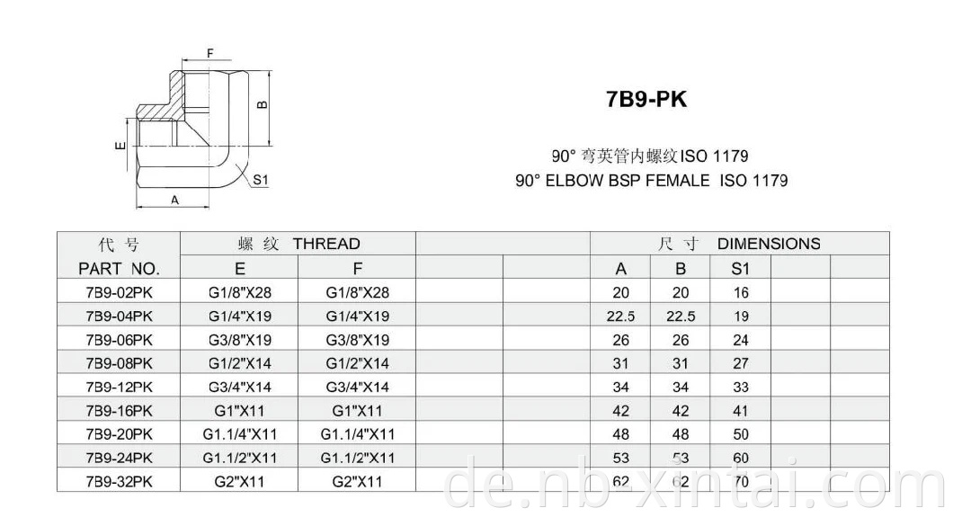 7B9-PK 90 Elbow BSP weibliche ISO 1179 Kohlenstoffstahlrohr für Maschinen